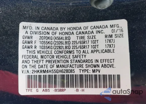 2016 Honda Cr-V Ex from USA, damaged, VIN 2HKRM4H55GH628085
